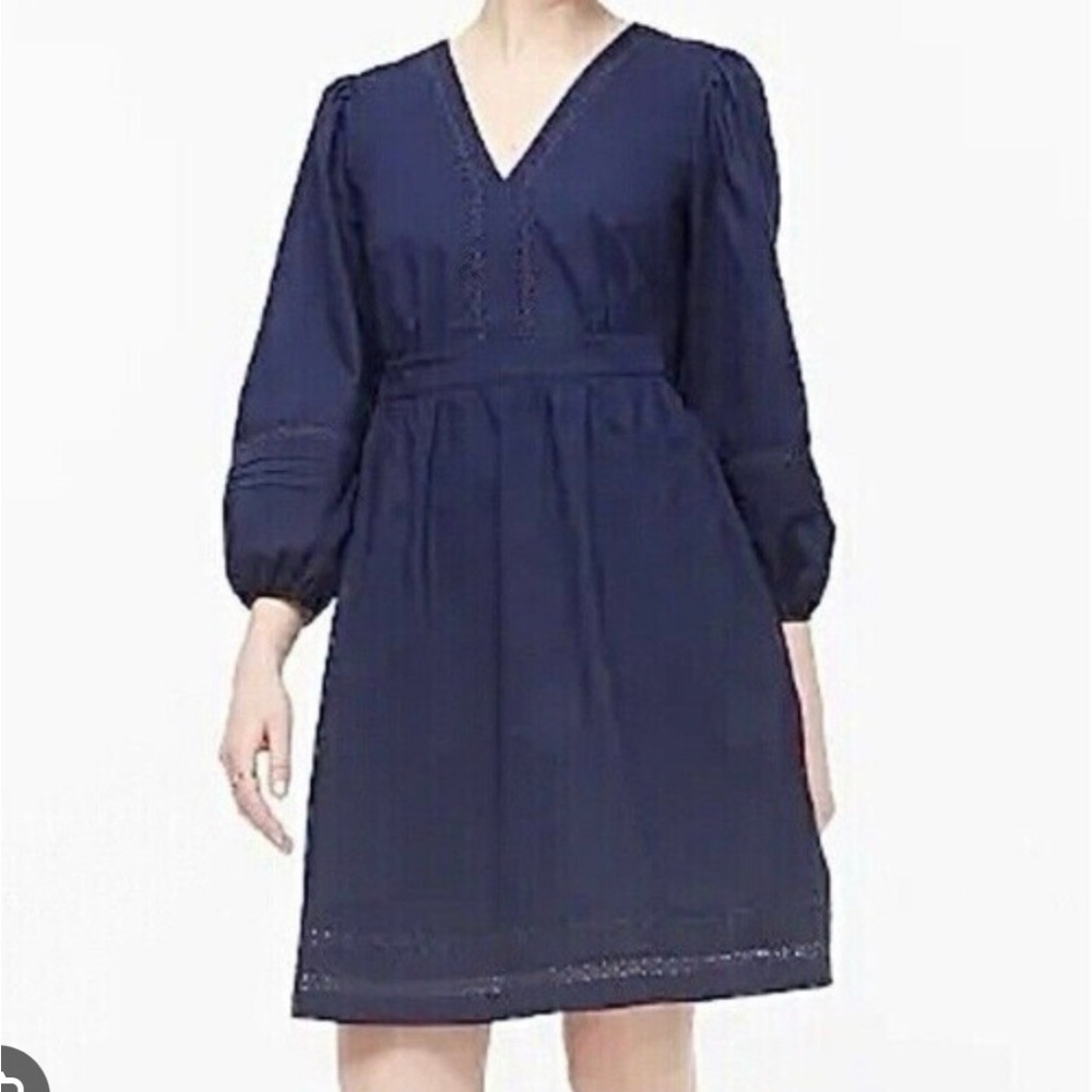 J. Crew Navy Blue Long Sleeve V-Neck Peasant Cotton Mini Dress Size Small NWT